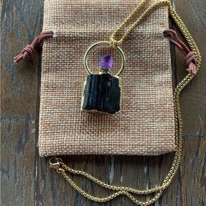 Brand New Black Tourmaline with Amethyst on Gold plated Stainless Steel Chain